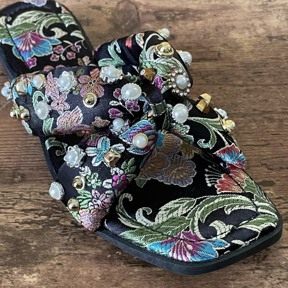 Azalea Wang Womens Ramsey Sandal Sz 7 Black Floral Jacquard Beaded Pearl Crystal - Picture 7 of 13